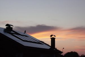 Dach mit Solarzellen im Sonnenuntergang